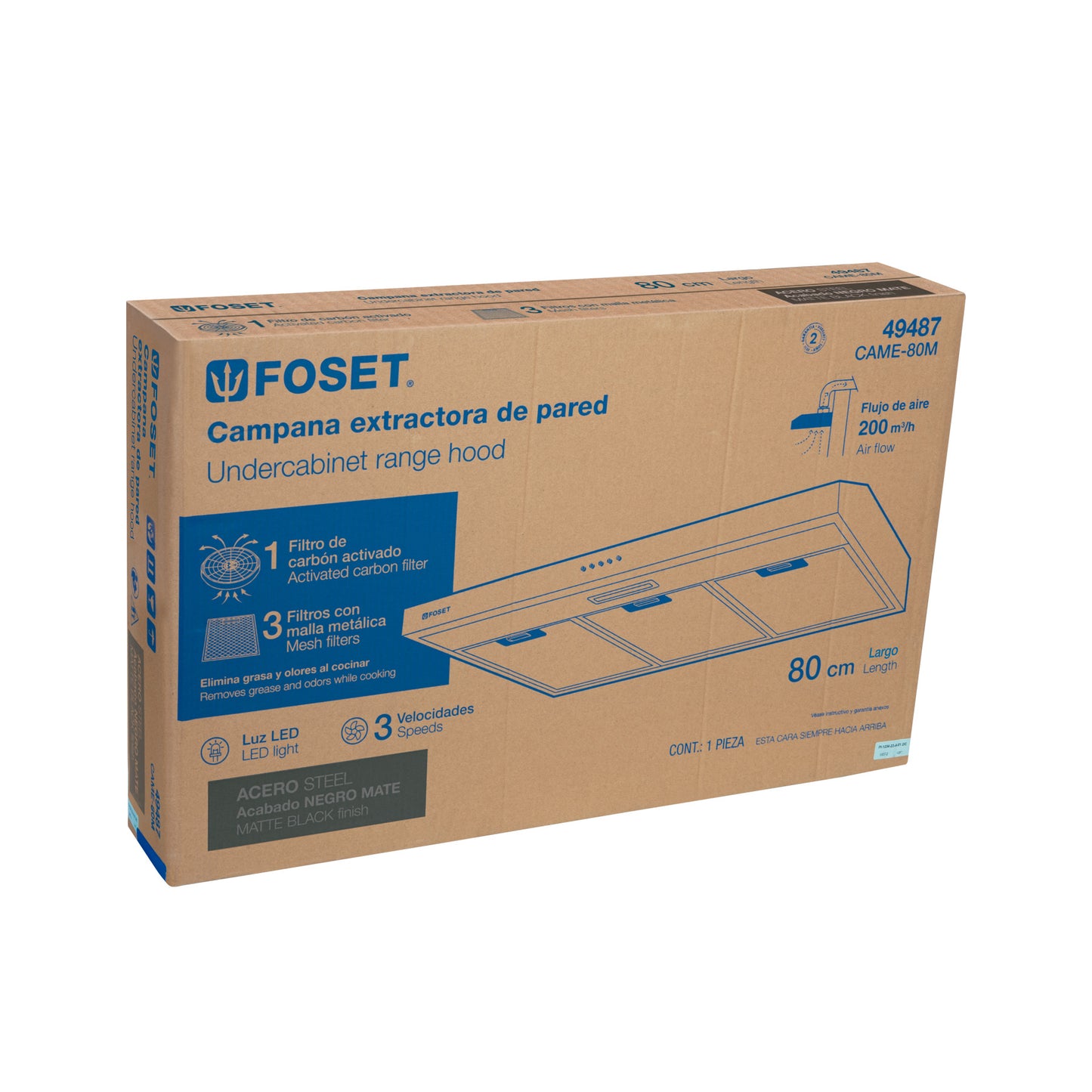 Campana Extractora Empotrable 80 cm Negra FOSET - Cocina Profesional