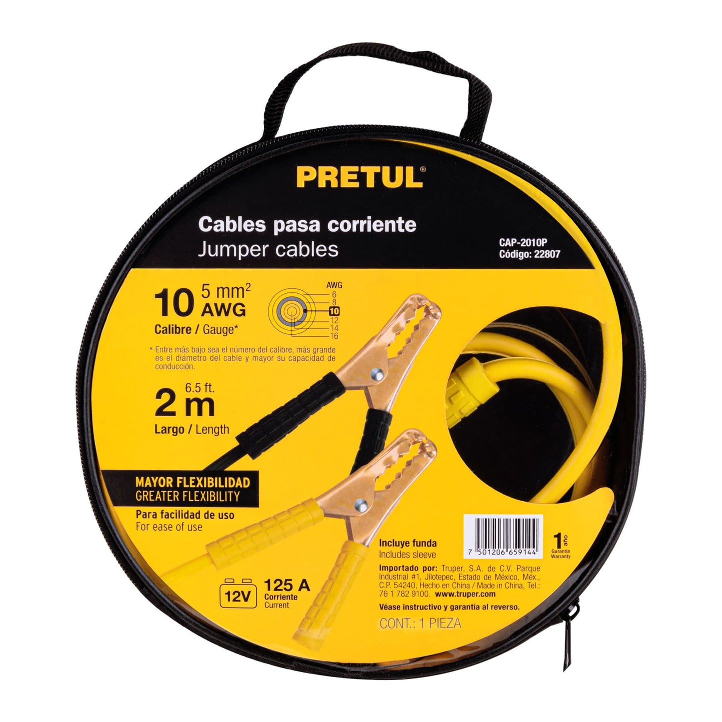 Cables Pasa Corriente Pretul 2m 125A - Solución Profesional para Arranque de Batería Descargada - Cable Aluminio Cobre 10 AWG con Pinzas PVC y Funda Transporte - CAP-2010P