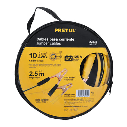 Cables Pasa Corriente Pretul 2.5m 125A - Solución Profesional para Arranque de Batería Descargada - Cable Aluminio Cobre 10 AWG con Pinzas PVC y Funda Transporte - CAP-2510P