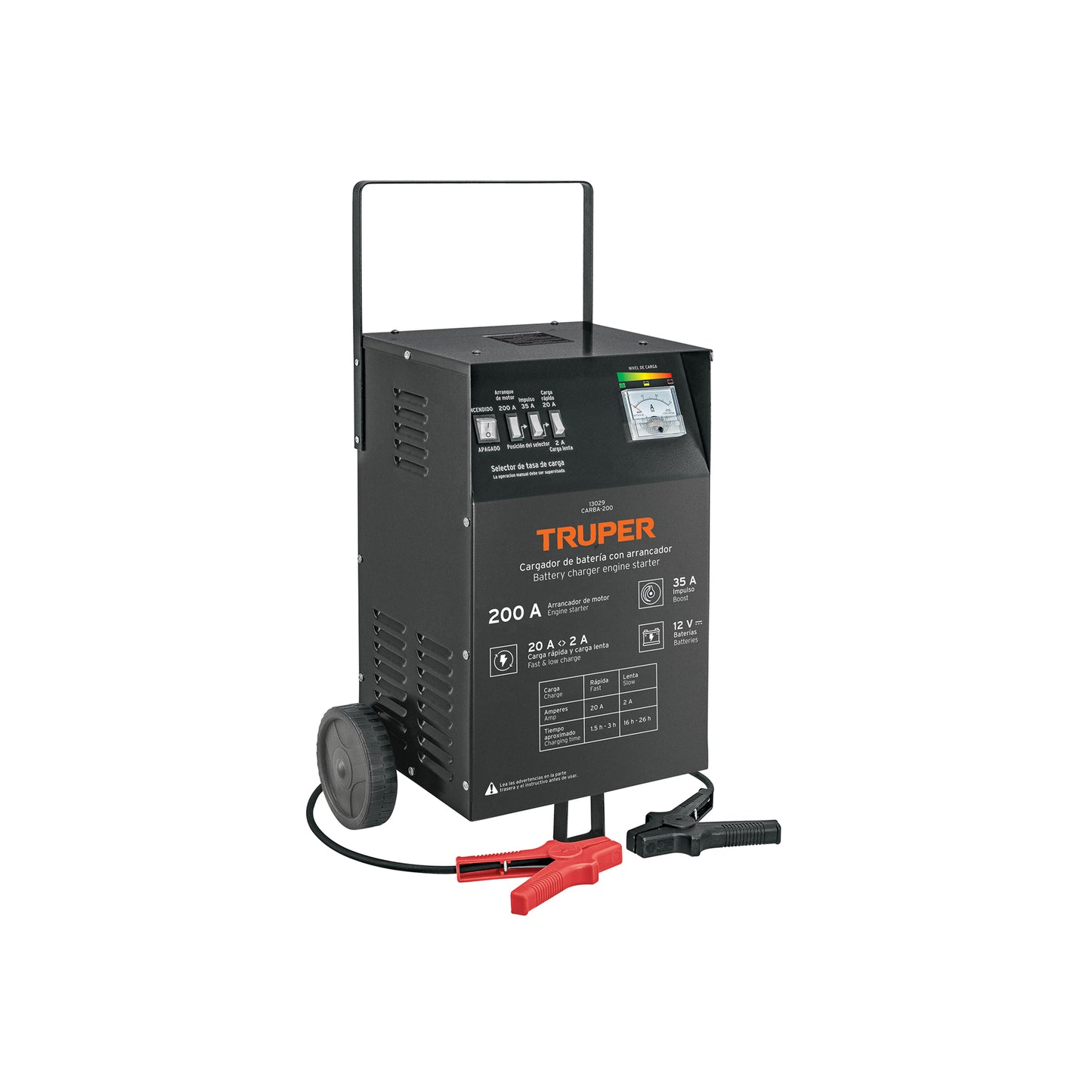 Cargador de Baterías Profesional 35A con Arrancador 200A 12V - Solución Completa para Baterías Descargadas y Dañadas - CARBA-200 con Ruedas y Protección Inteligente