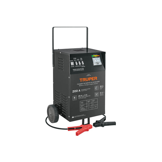 Cargador de Baterías Profesional 35A con Arrancador 200A 12V - Solución Completa para Baterías Descargadas y Dañadas - CARBA-200 con Ruedas y Protección Inteligente
