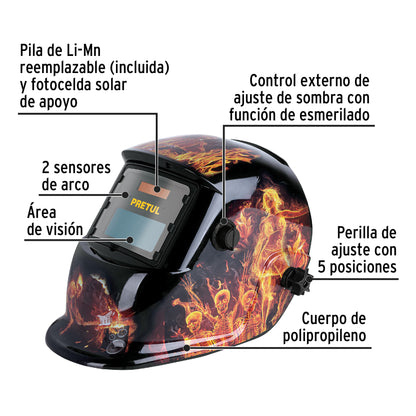 Careta Electrónica Soldadura PRETUL CAREL-11FP - Sombra Variable 9-13 - Protección Profesional Anti-Fatiga Ocular