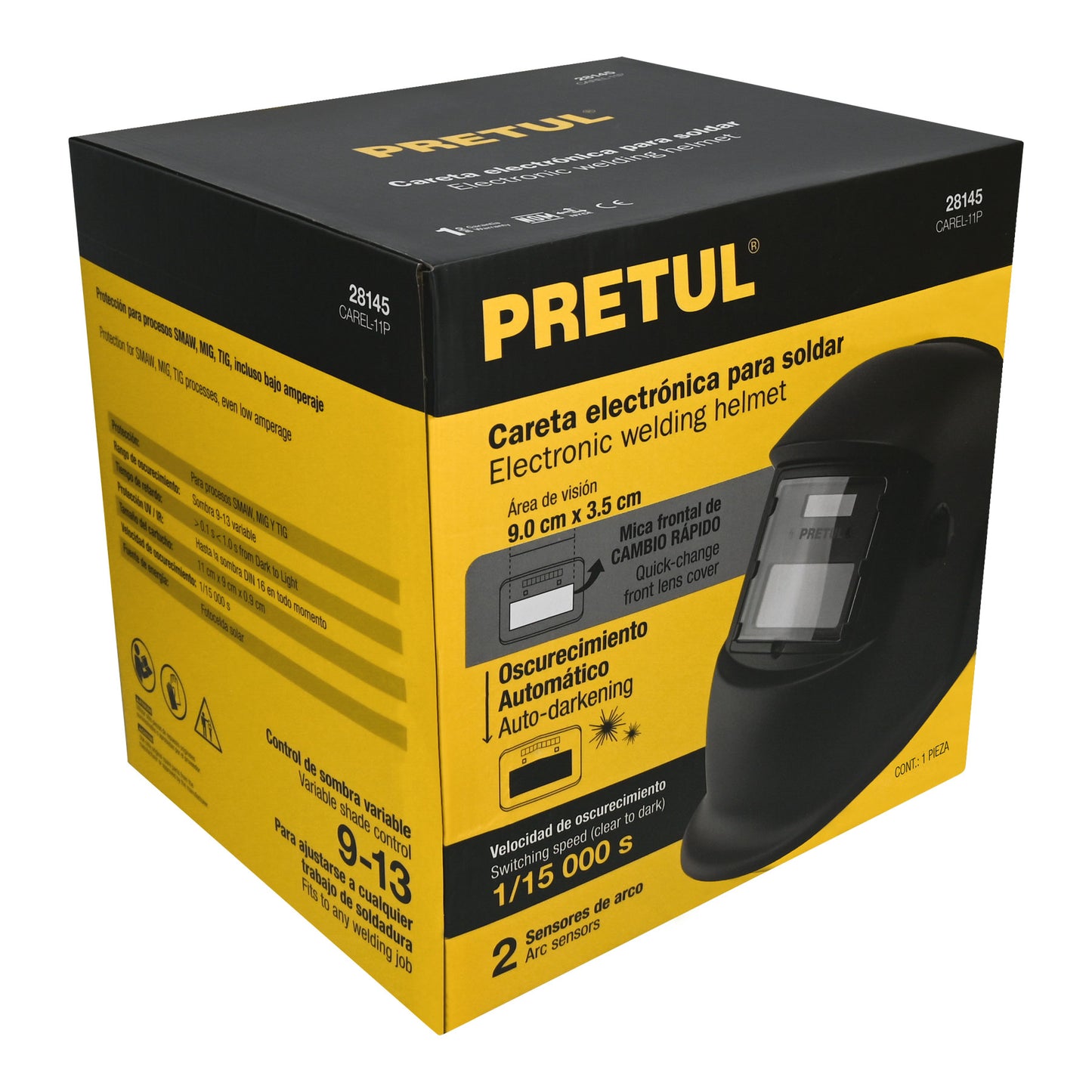 Careta Electrónica para Soldar PRETUL CAREL-11P - Sombra Variable 9-13 Automática con Filtro True Color - Protección Profesional contra Fatiga Ocular en Soldadura, Plasma y Esmerilado