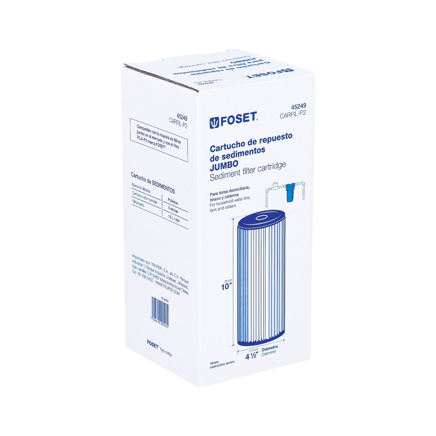 Cartucho de Repuesto CARFIL-P2 FOSET - Filtro de Poliéster Anti-Sedimentos para Tuberías - Evita Obstrucciones en Regaderas y Llaves