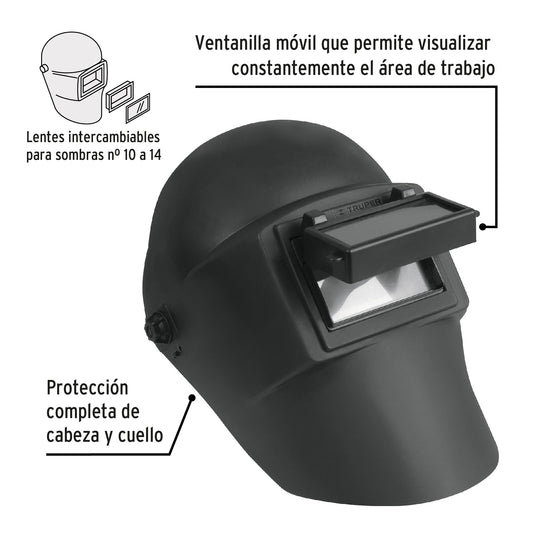 Careta Soldadura Profesional TRUPER Lente Abatible Sombra 11 - Protección Completa Cabeza Cuello - Ventanilla Móvil Nylon Resistente - CASO-3