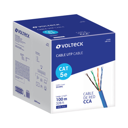 Cable UTP CAT5E VOLTECK por metro, bobina de 100m color azul. Ideal para redes de datos.