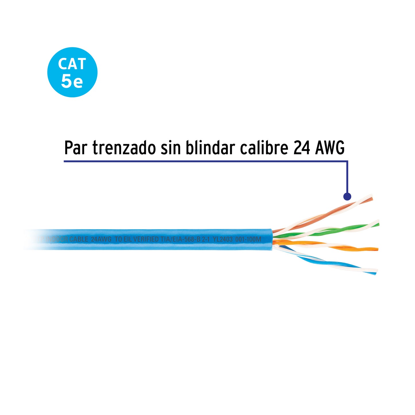 Cable UTP CAT5E VOLTECK por metro, bobina de 100m color azul. Ideal para redes de datos.