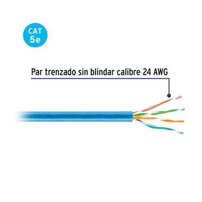 Cable UTP CAT5E VOLTECK por metro, bobina de 100m color azul. Ideal para redes de datos.