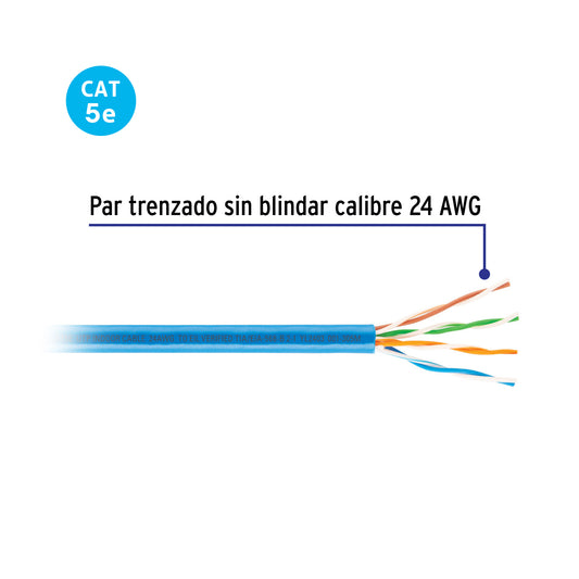 Compra cable UTP CAT5E por metro de bobina de 305m color azul marca VOLTECK. Ideal para redes de datos.