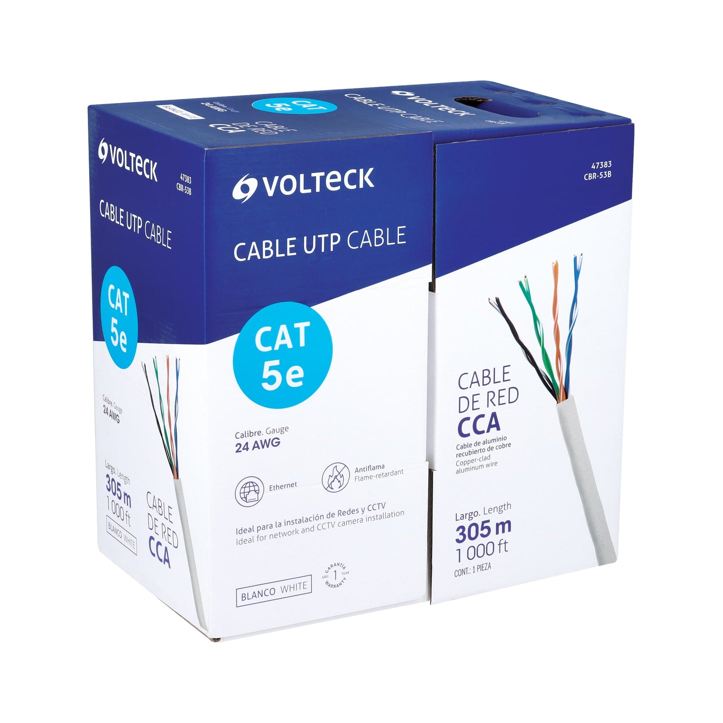 Cable UTP CAT5E VOLTECK en bobina de 305m. Ideal para redes LAN, CCTV y VoIP. Posicionamiento profesional, conductor de cobre sólido.