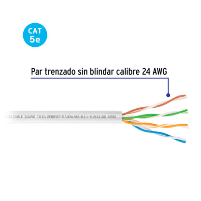 Cable UTP CAT5E VOLTECK en bobina de 305m. Ideal para redes LAN, CCTV y VoIP. Posicionamiento profesional, conductor de cobre sólido.