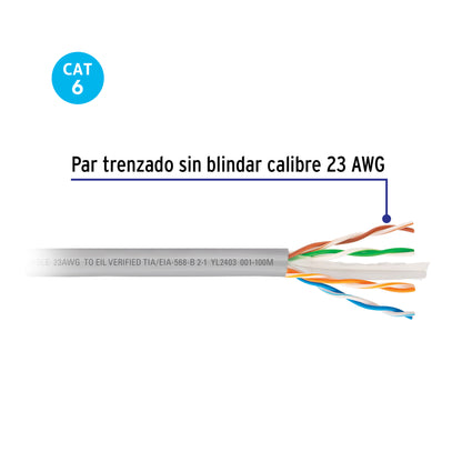 cable UTP CAT6 por metro o en bobina de 100m color gris marca VOLTECK. Ideal para redes de alta velocidad.