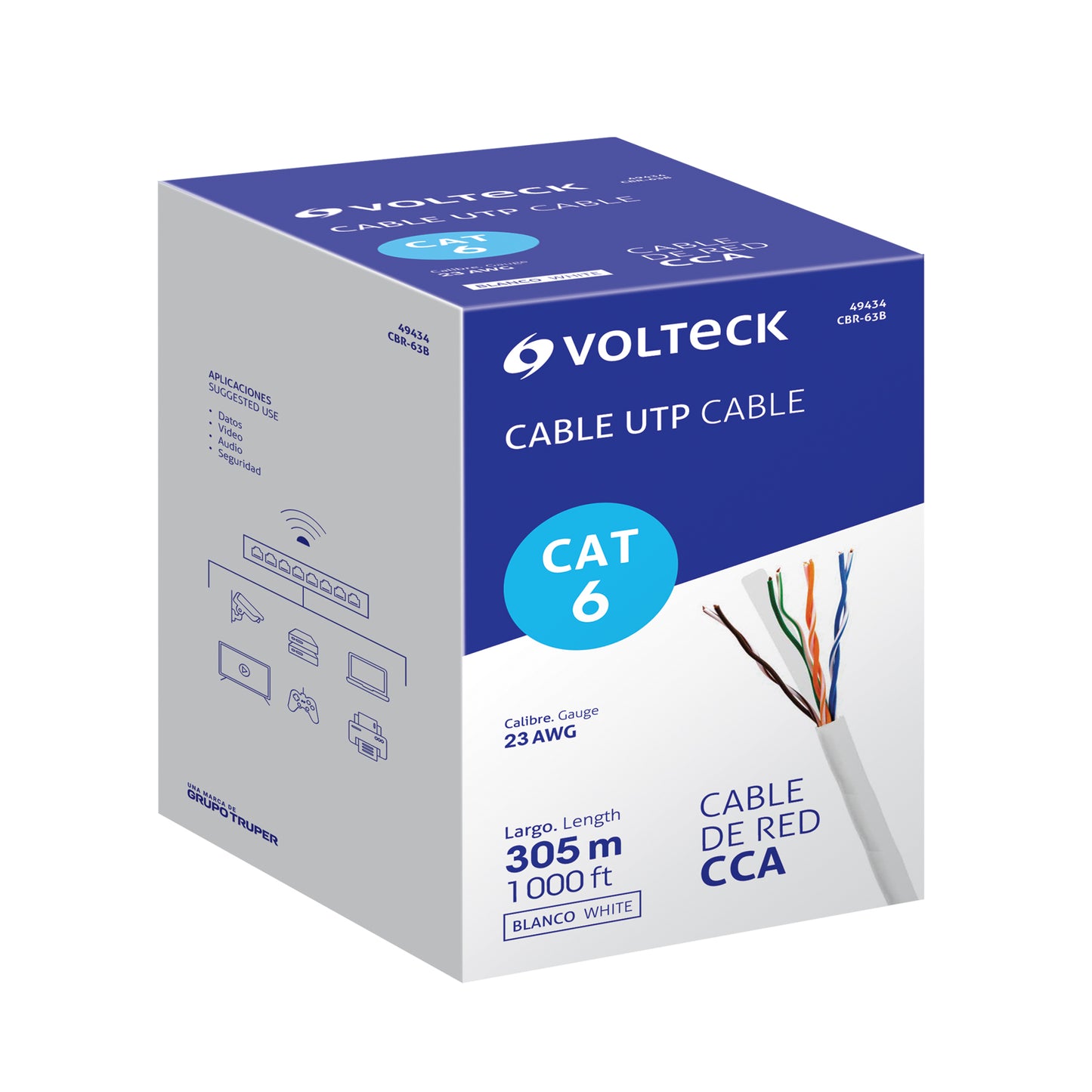 cable UTP CAT6 blanco VOLTECK por metro o en bobina de 305m. Ideal para redes de alta velocidad.