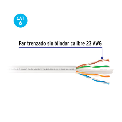 cable UTP CAT6 blanco VOLTECK por metro o en bobina de 305m. Ideal para redes de alta velocidad.