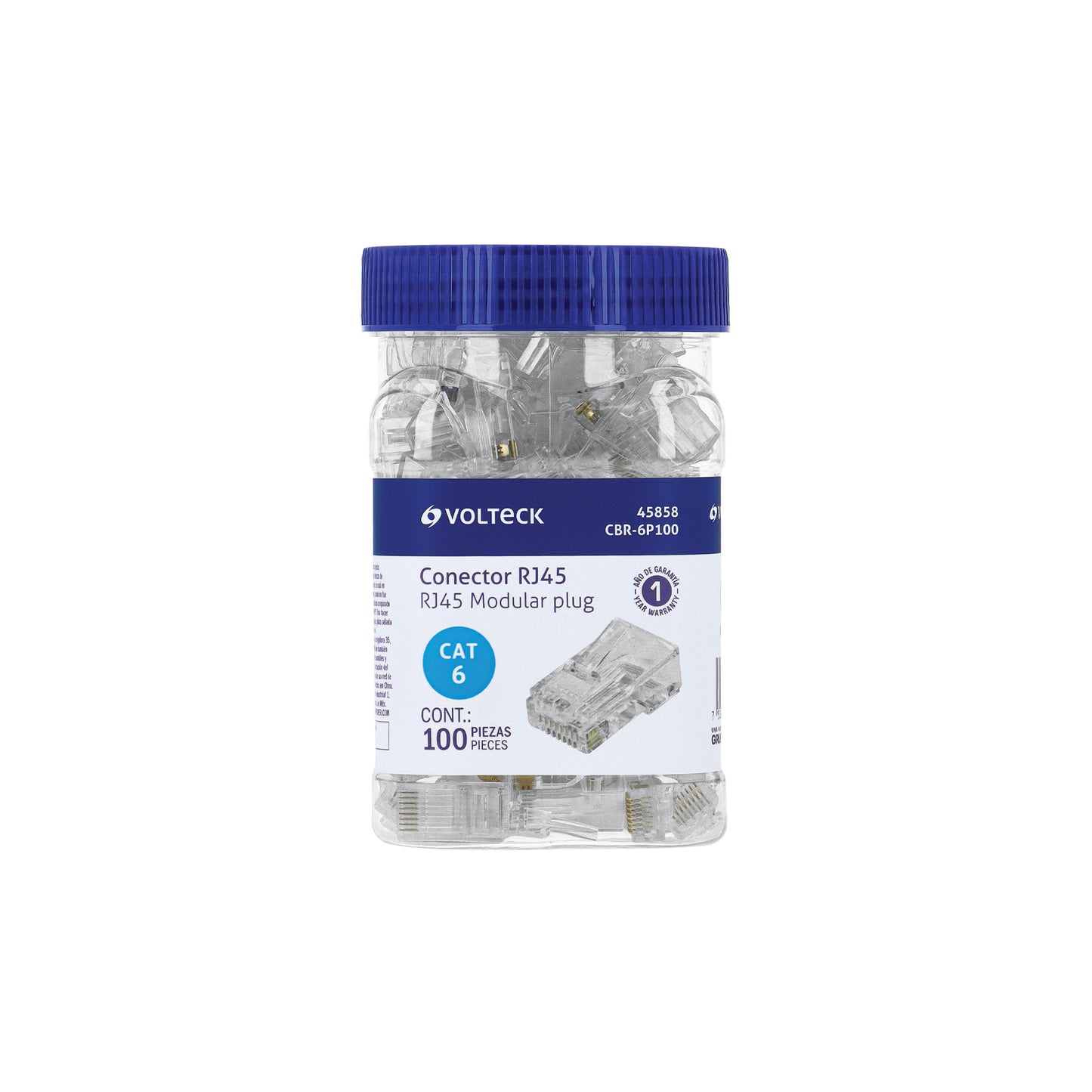 Plug RJ45 CAT6 para instalaciones de red estructurada. Bote con 100 piezas de la marca VOLTECK. Ideal para profesionales y contratistas.
