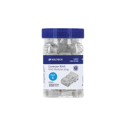 Plug RJ45 CAT6 para instalaciones de red estructurada. Bote con 100 piezas de la marca VOLTECK. Ideal para profesionales y contratistas.