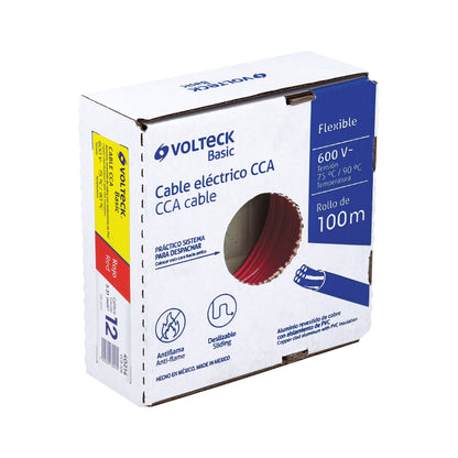 Cable THW CCA 12 AWG Rojo 100m - Instalación Eléctrica Residencial y Comercial - Aluminio Revestido Cobre PVC - CCA-12R
