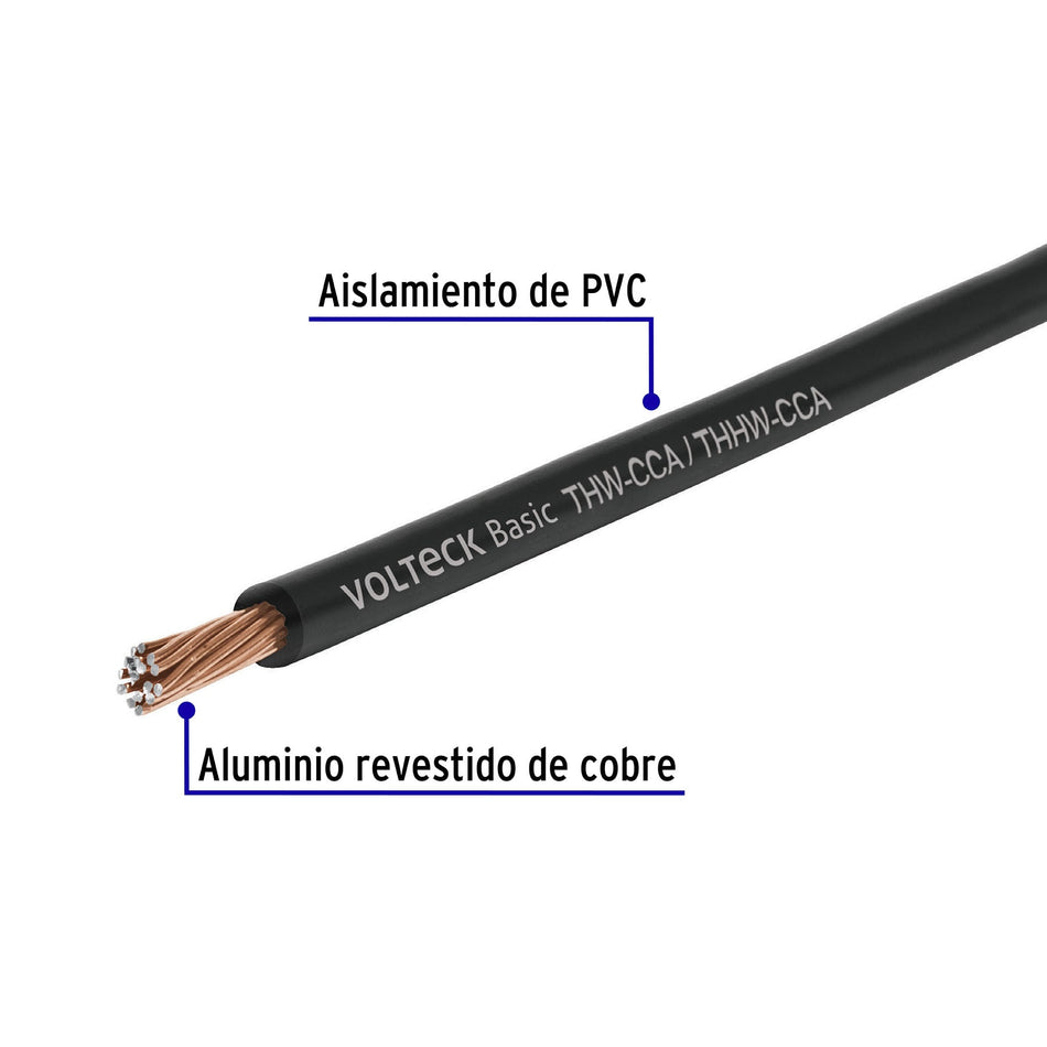 Cable Eléctrico THW CCA 14 AWG Negro 100 Metros VOLTECK - Aluminio Revestido Cobre PVC Certificado - Instalación Residencial Comercial Industrial México