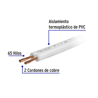 Rollo de 100 m de cordón dúplex flexible SPT 12 AWG, VOLTECK 100% cobre