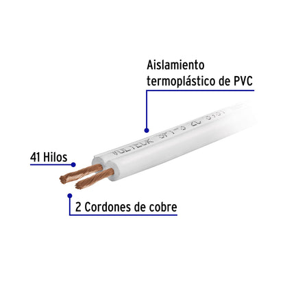 Rollo de 100 m de cordón dúplex flexible SPT 14 AWG, VOLTECK 100 % cobre