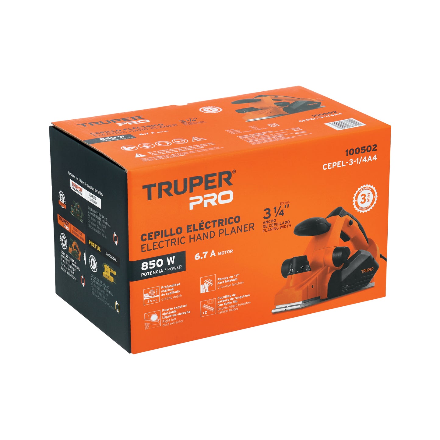 Cepillo Eléctrico TRUPER 3-1/4" 850W CEPEL-3-1/4A4 - Cepillado Profesional de Madera con Cuchillas de Carburo de Tungsteno para Carpintería y Acabados Finos