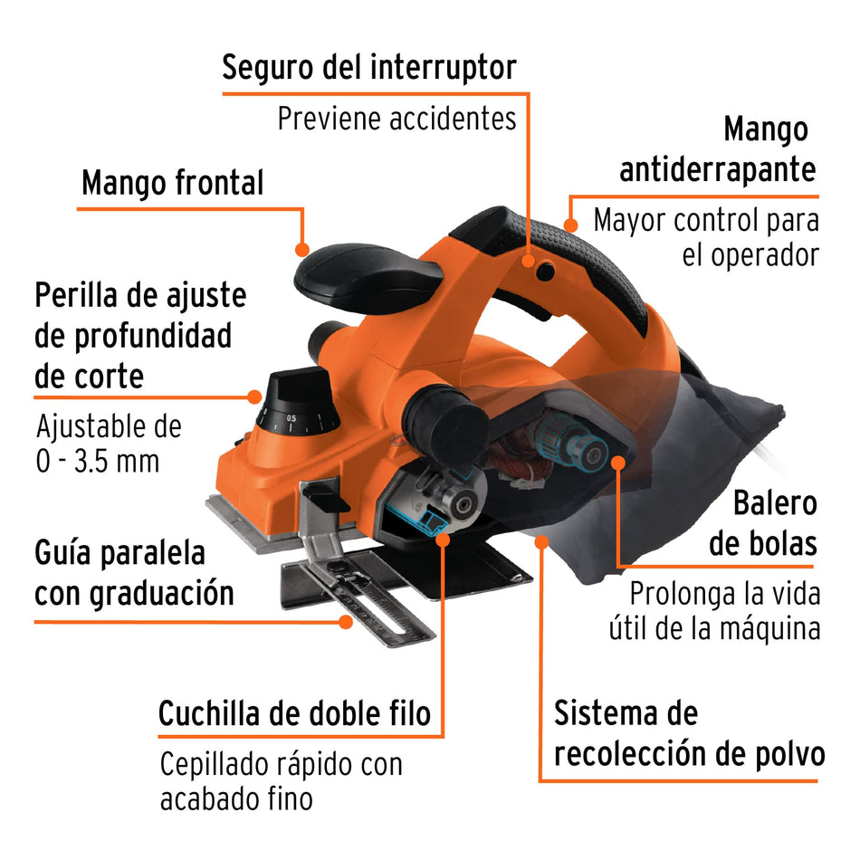 Cepillo eléctrico 3-1/4" 850 W, profesional, Truper