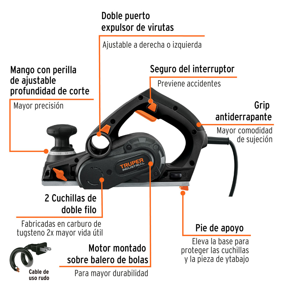 Cepillo Eléctrico TRUPER 3-1/4" 720W Industrial - Acabado Profesional Madera - Cuchillas Carburo Tungsteno - CEPEL-3-1/4N2