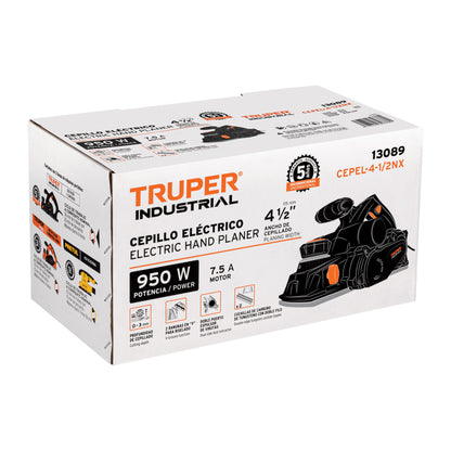 Cepillo Eléctrico TRUPER 4-1/2" 950W Industrial CEPEL-4-1/2NX - Cepillado Profesional de Madera con Cuchillas de Carburo de Tungsteno para Carpintería y Acabados Finos