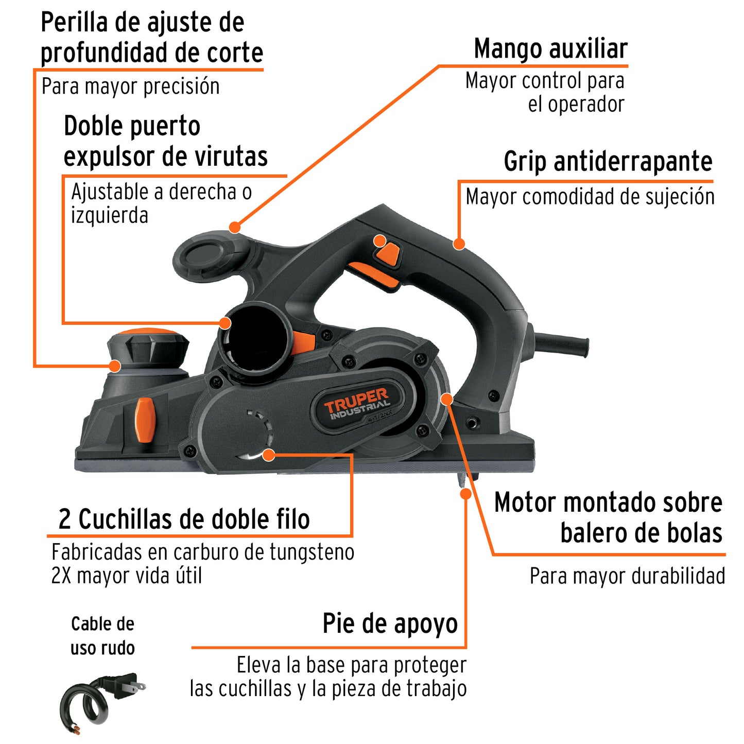 Cepillo Eléctrico TRUPER 4-1/2" 950W Industrial CEPEL-4-1/2NX - Cepillado Profesional de Madera con Cuchillas de Carburo de Tungsteno para Carpintería y Acabados Finos