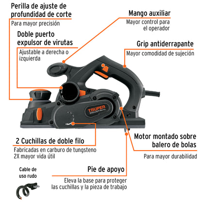 Cepillo Eléctrico TRUPER 4-1/2" 950W Industrial CEPEL-4-1/2NX - Cepillado Profesional de Madera con Cuchillas de Carburo de Tungsteno para Carpintería y Acabados Finos