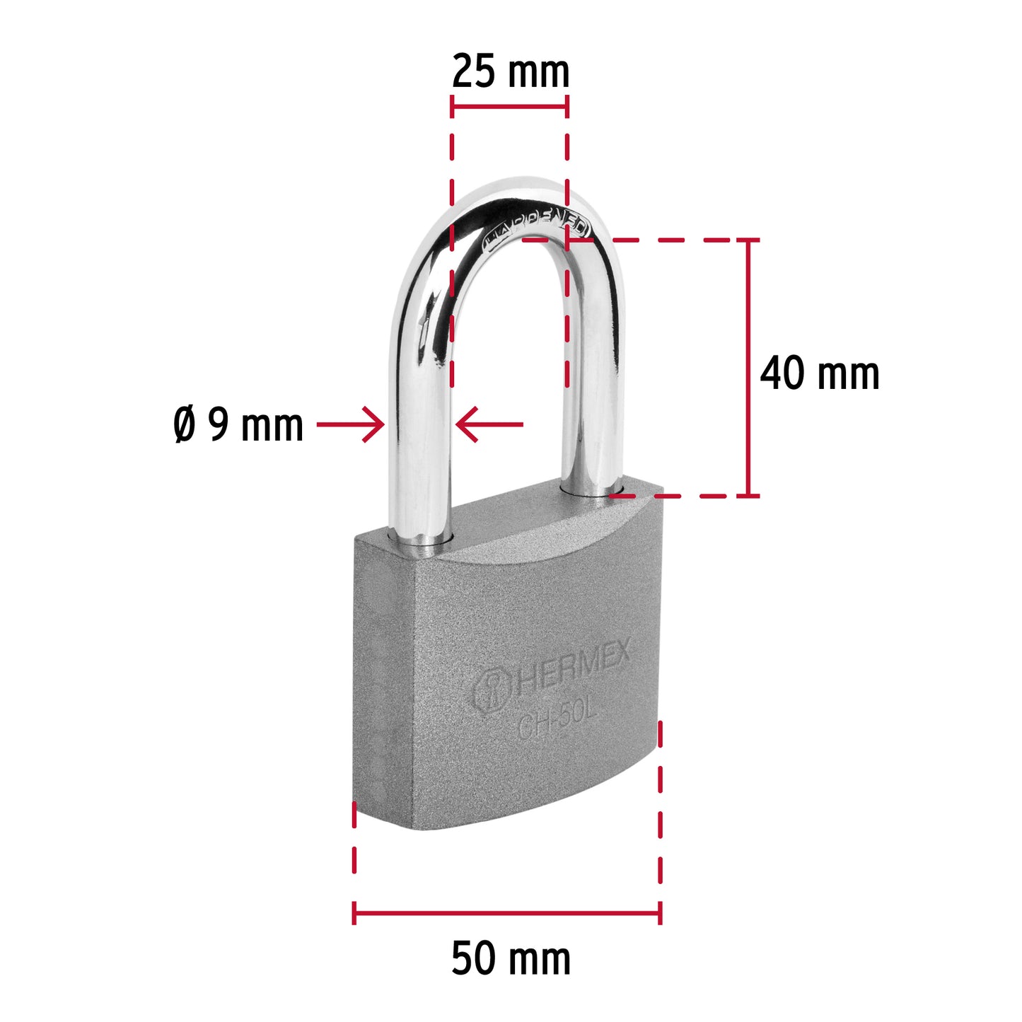 Candado de hierro 50 mm con gancho largo HERMEX. Seguridad resistente para puertas, bodegas y rejas