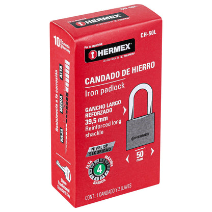 Candado de hierro 50 mm con gancho largo HERMEX. Seguridad resistente para puertas, bodegas y rejas
