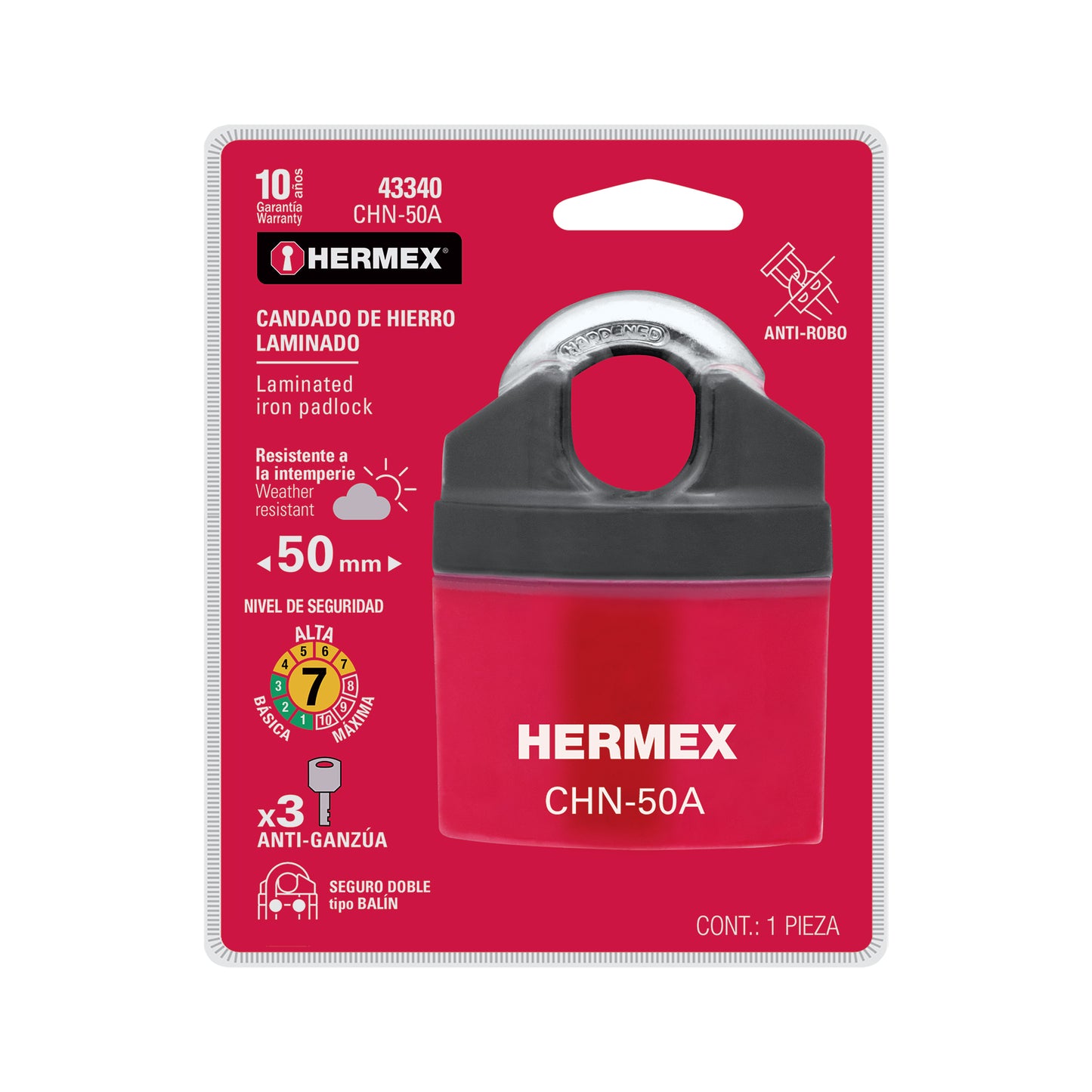 Candado HERMEX 50mm Gancho Protegido | Llave de Disco Alta Seguridad