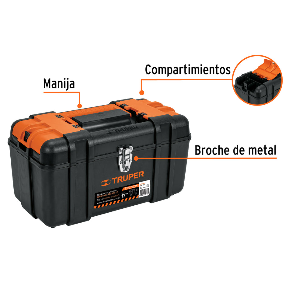 Caja p/herramienta 17" con compartimentos, broches metálicos