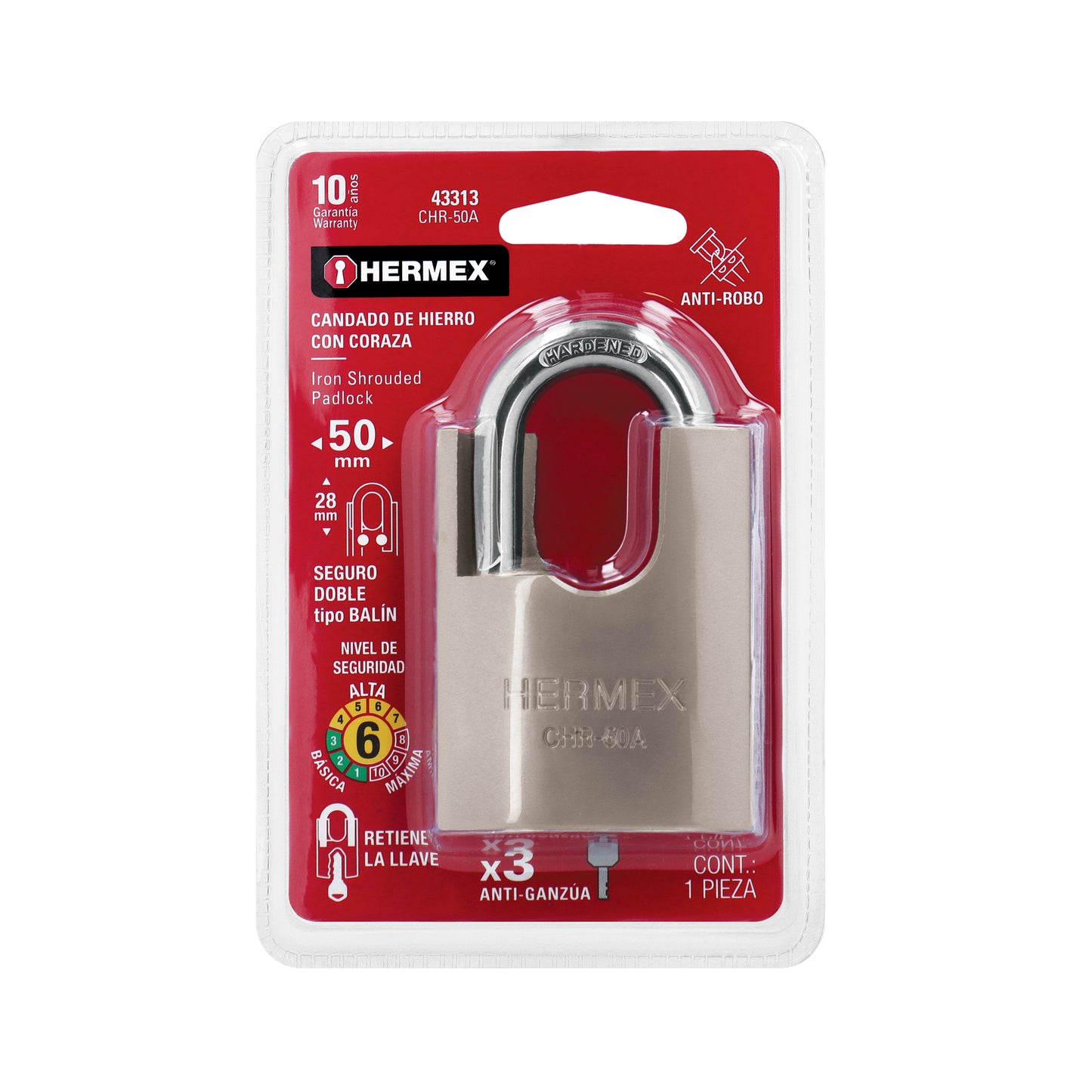Candado HERMEX 50 mm Coraza Acero y Llave de Disco