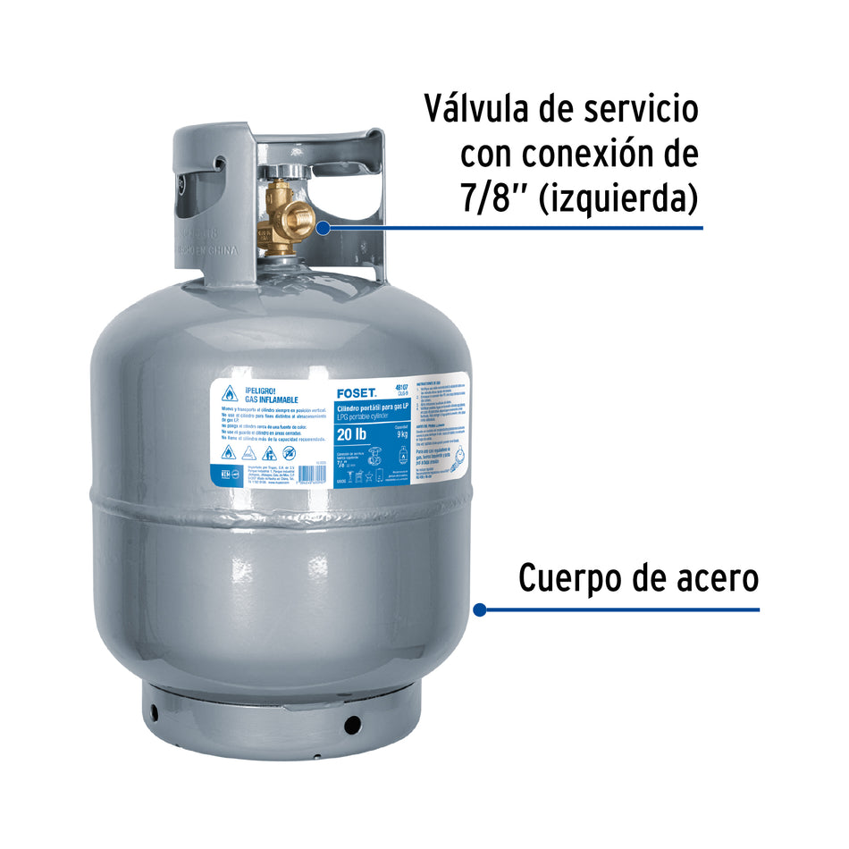 Cilindro Tanque Gas LP 20lb (9kg) FOSET - Portátil Acero Parrillas Asadores Estufas