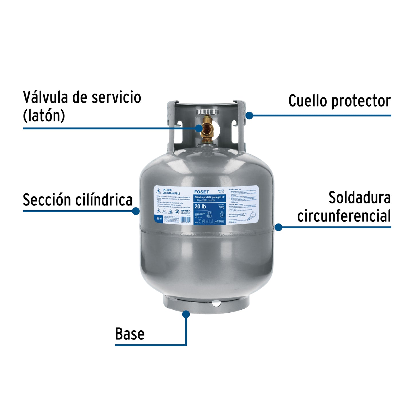 Tanque de Gas Cilindro portátil para gas LP, 20lb (9kg) FOSET