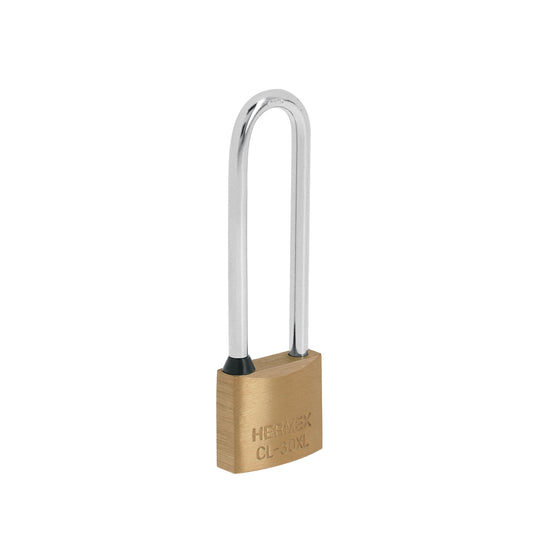 Candado de latón 30mm con gancho extra largo HERMEX. Alta seguridad, resistente a la intemperie