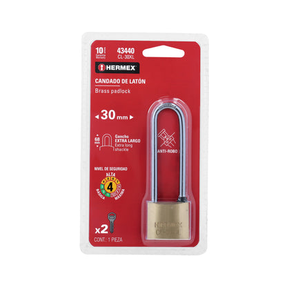 Candado de latón 30mm con gancho extra largo HERMEX. Alta seguridad, resistente a la intemperie