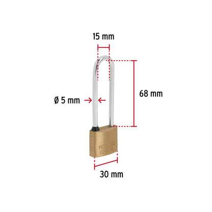 Candado de latón 30mm con gancho extra largo HERMEX. Alta seguridad, resistente a la intemperie