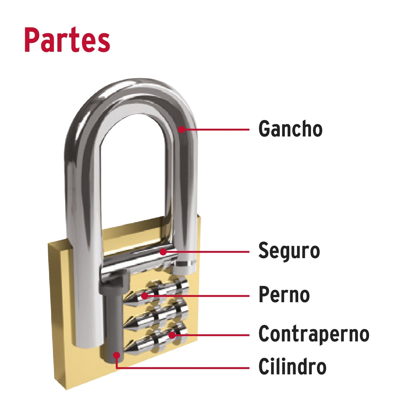 Candado de latón 40 mm con gancho largo en blíster HERMEX. Alta resistencia para uso profesional