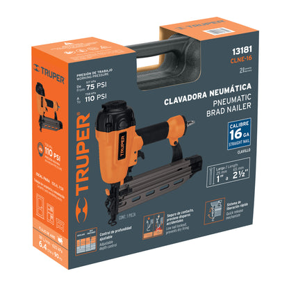 Clavadora Neumática Profesional Calibre 16 Truper CLNE-16 - Solución Rápida para Carpintería y Construcción - 100 Clavos, 75-110 PSI, Sistema Cambio Rápido