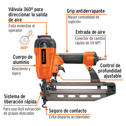 Clavadora Neumática Profesional Calibre 16 Truper CLNE-16 - Solución Rápida para Carpintería y Construcción - 100 Clavos, 75-110 PSI, Sistema Cambio Rápido