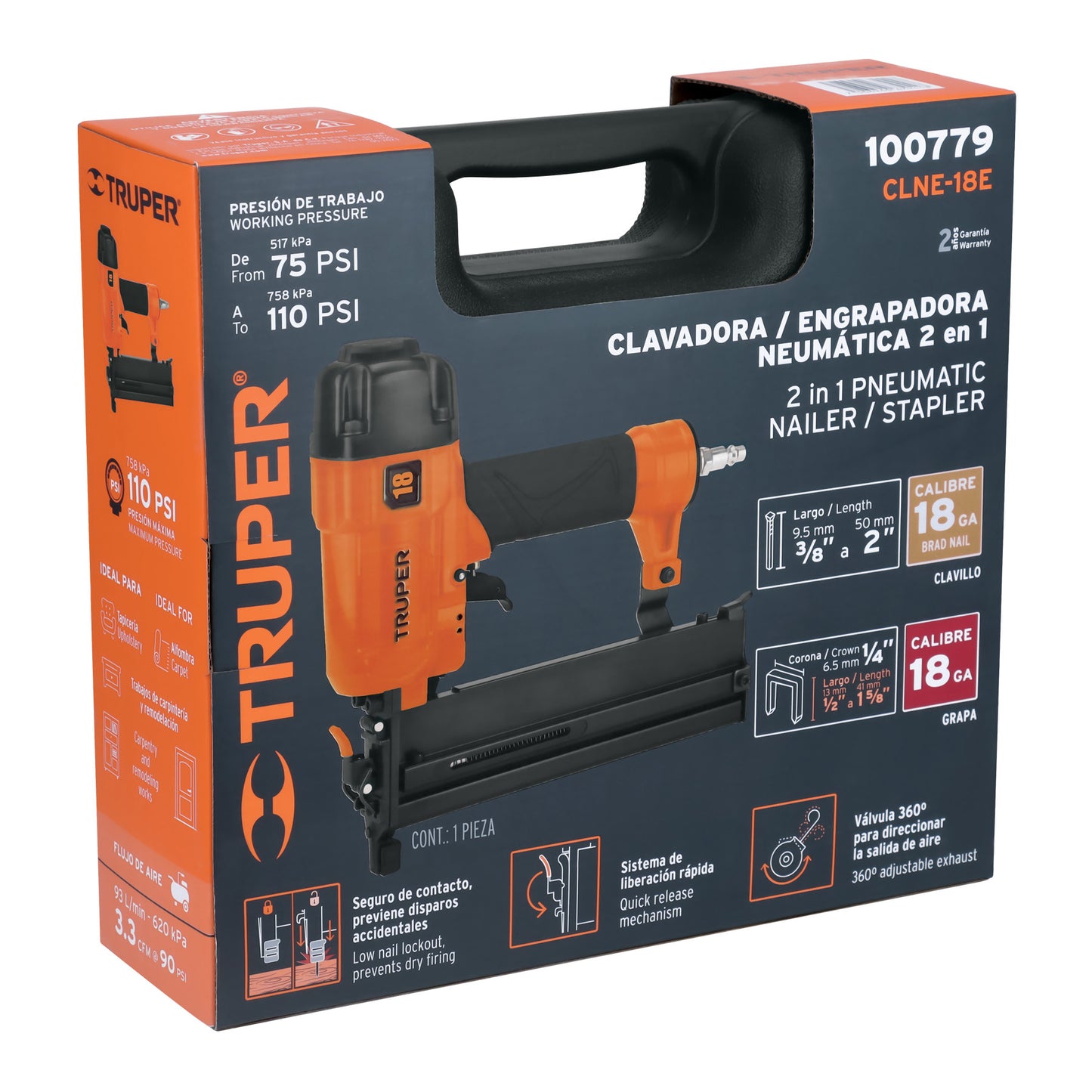 Clavadora Neumática Profesional Calibre 18 CLNE-18E - Solución Completa para Carpintería y Construcción con Sistema de Cambio Rápido