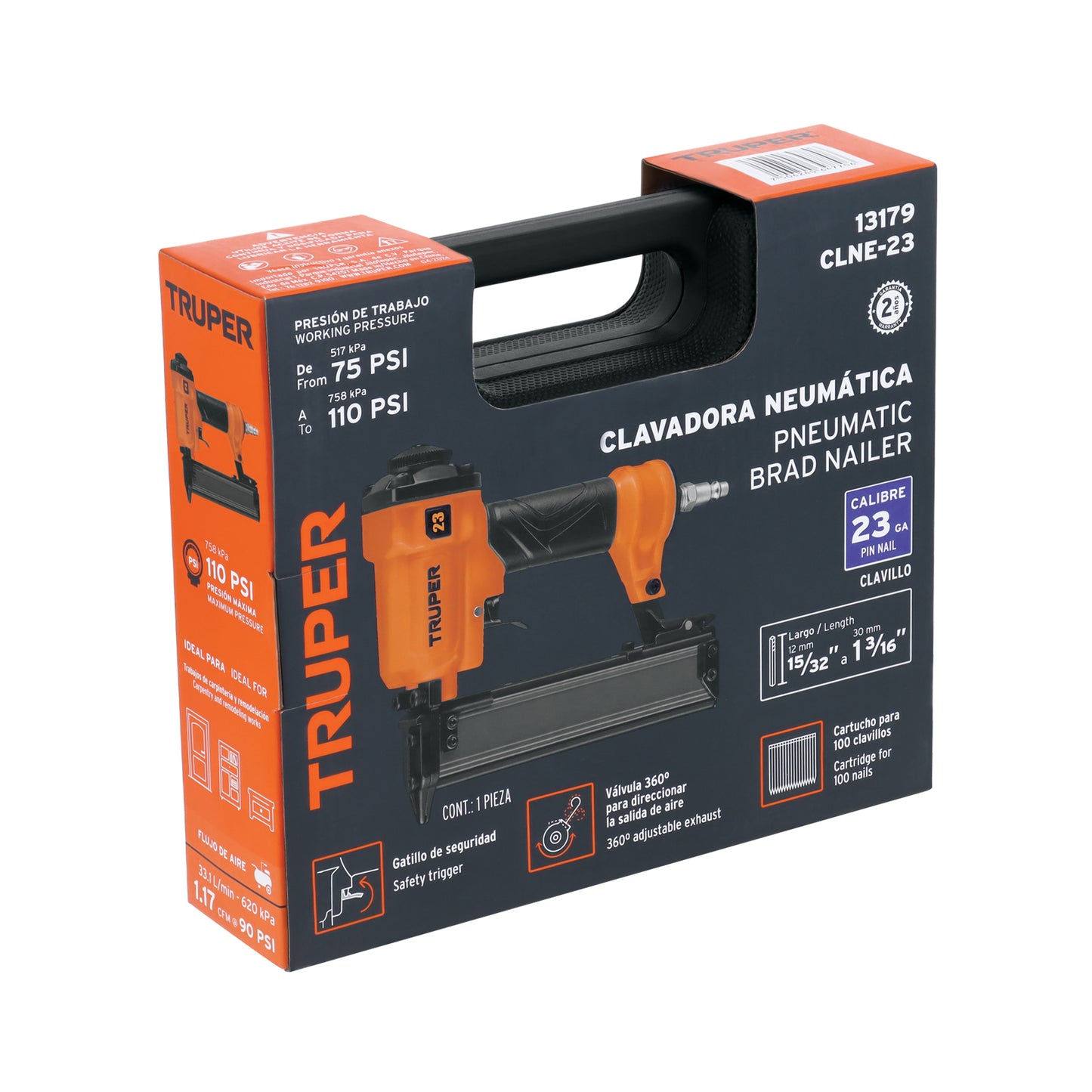 Clavadora Neumática Profesional Calibre 23 Truper CLNE-23 - Solución Rápida para Carpintería y Acabados - Sistema Cambio Rápido 75-110 PSI