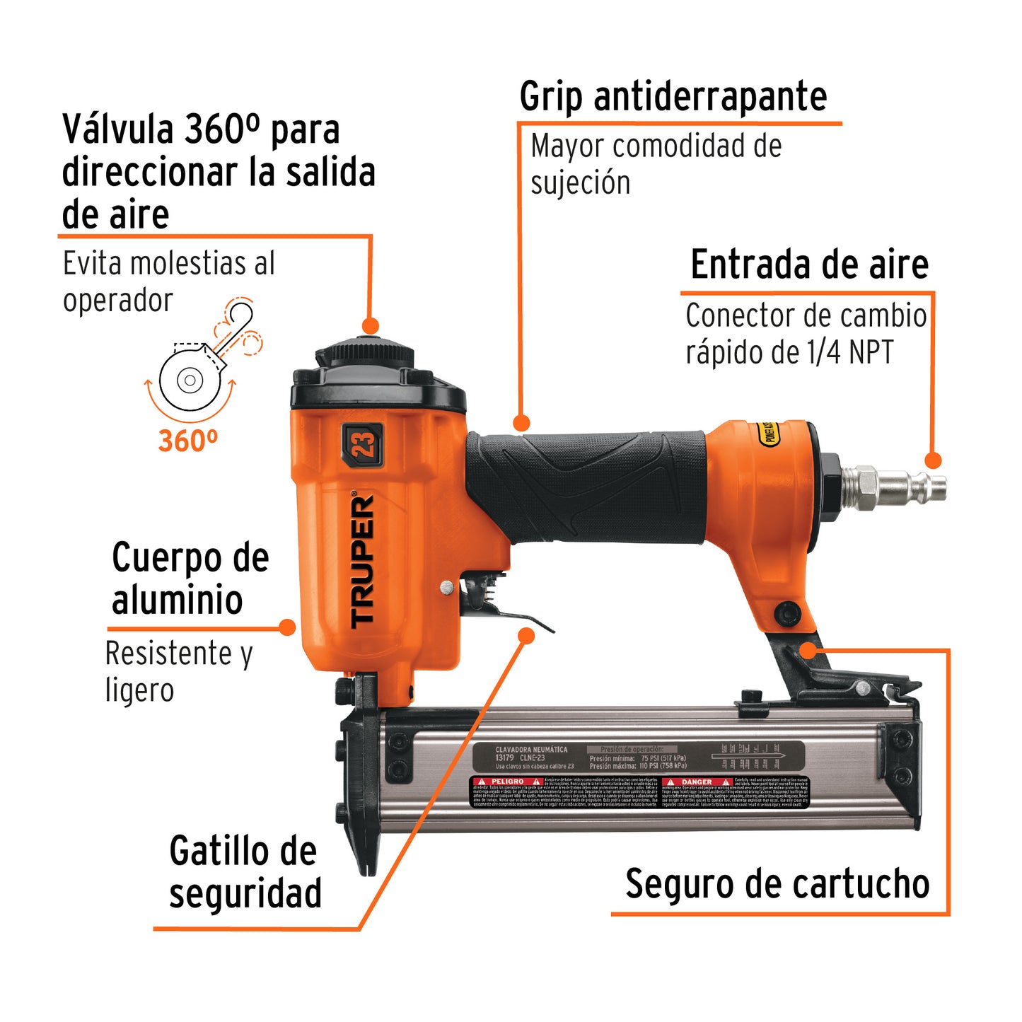 Clavadora Neumática Profesional Calibre 23 Truper CLNE-23 - Solución Rápida para Carpintería y Acabados - Sistema Cambio Rápido 75-110 PSI