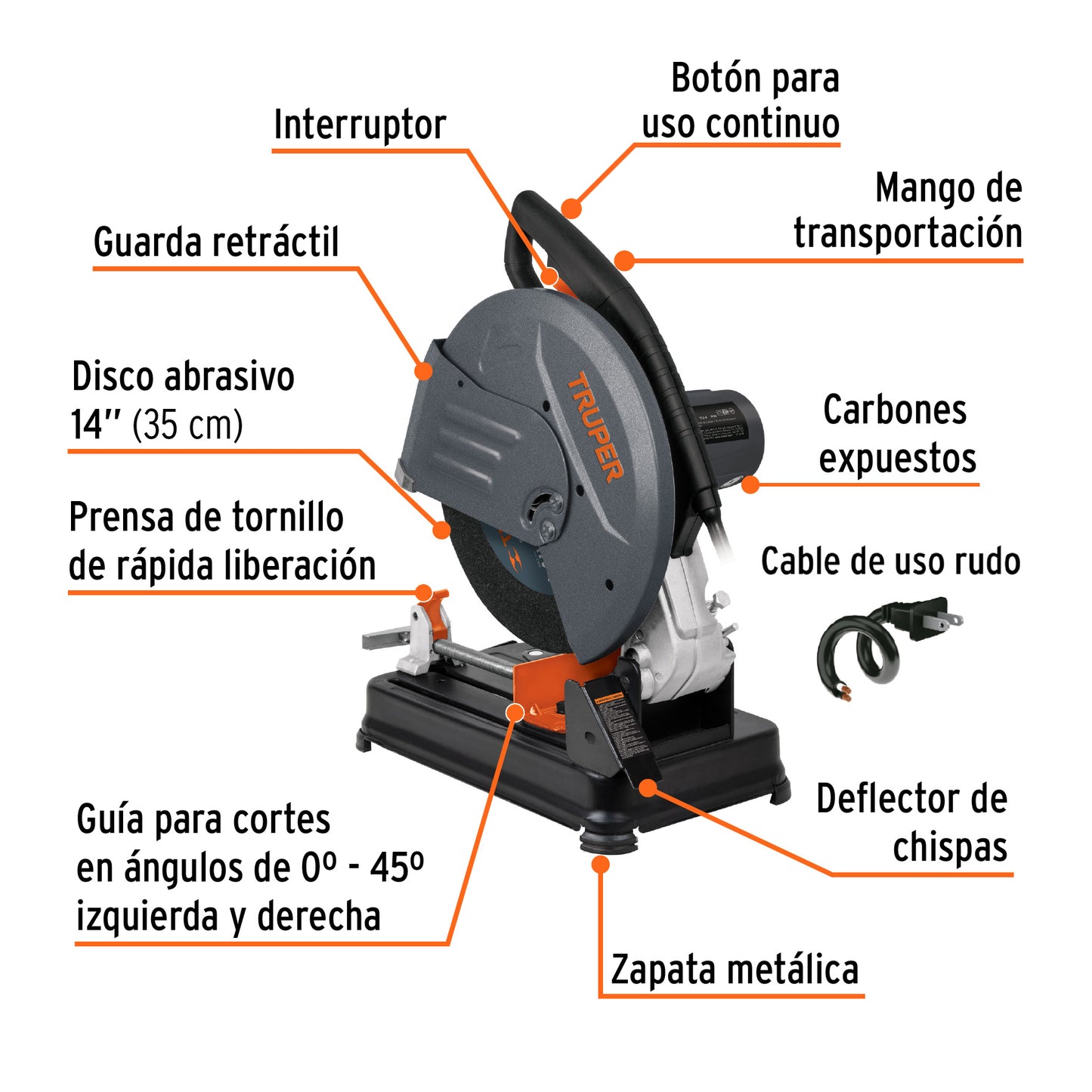 Tronzadora Cortadora de Metales 14 Pulgadas CM-14N2 TRUPER 2200W - Corte Preciso Angular Profesional con Mango Recto y Prensa Rápida