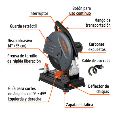 Tronzadora Cortadora de Metales 14 Pulgadas CM-14N2 TRUPER 2200W - Corte Preciso Angular Profesional con Mango Recto y Prensa Rápida