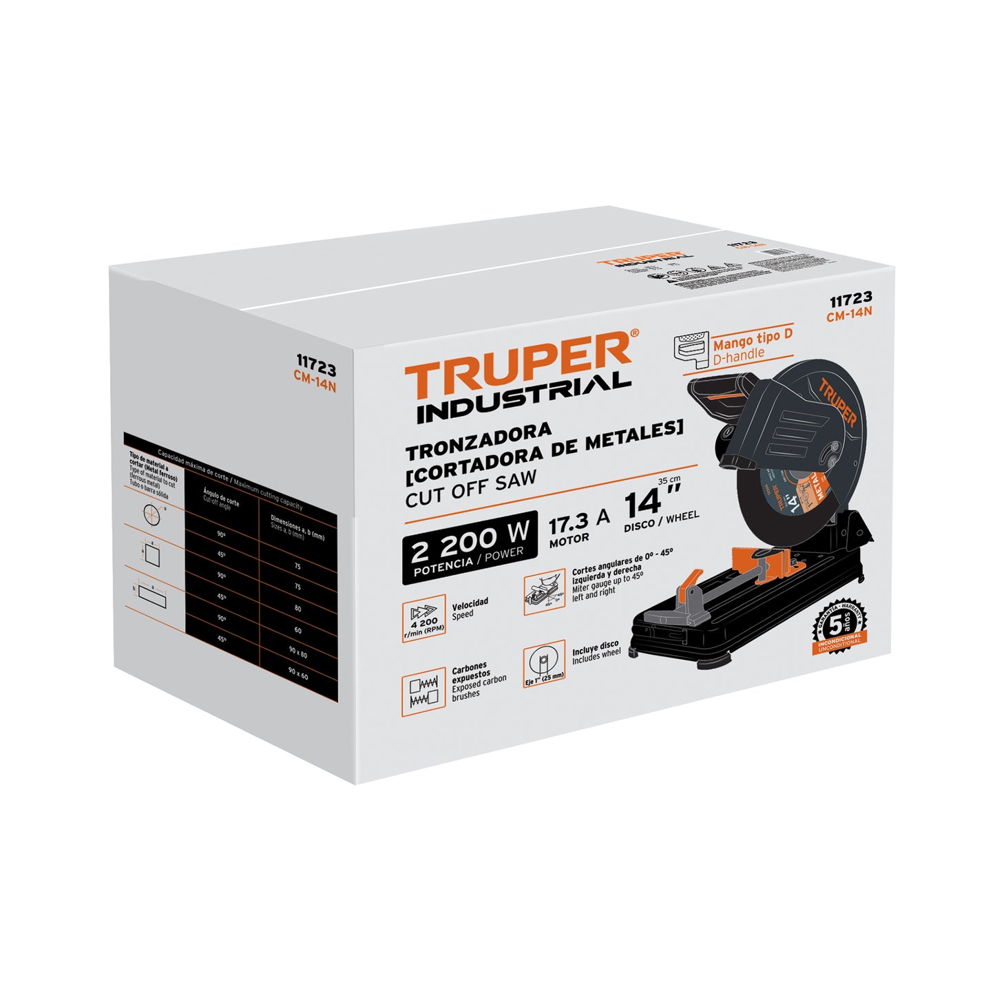 Tronzadora Cortadora de Metales 14 Pulgadas CM-14N 2200W - Cortes Precisos Angulares con Mango en D y Sistema Anti-Chispa TRUPER