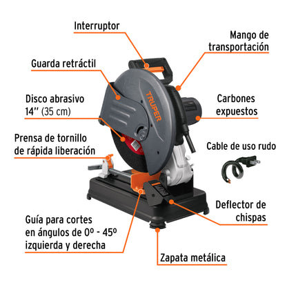 Tronzadora Cortadora de Metales 14 Pulgadas CM-14N 2200W - Cortes Precisos Angulares con Mango en D y Sistema Anti-Chispa TRUPER